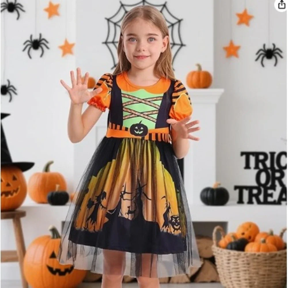Halloween Pumpkin Witch Costume‎ Dress Kids 3T-4T Orange Tulle Party NEW